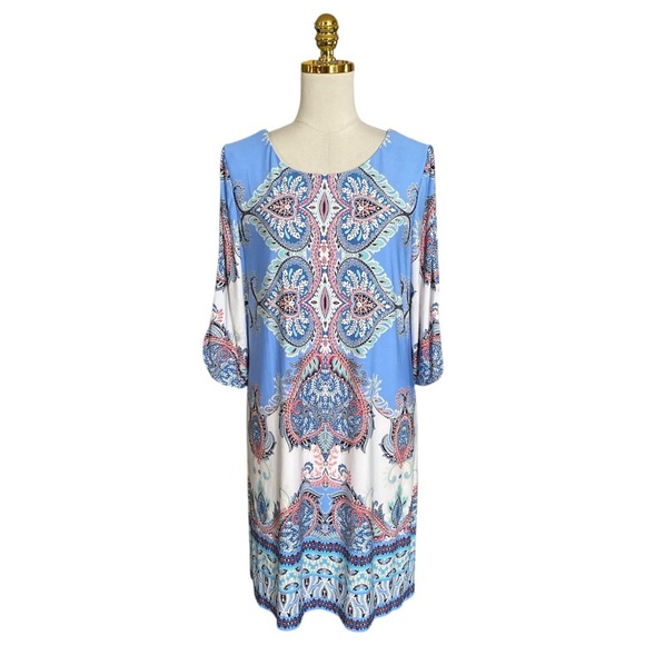 Roz & Ali Women’s 14 Scoop-Neck 3/4 Cut Out Sleeves Paisley Sheath Mini Dress - Picture 3 of 10